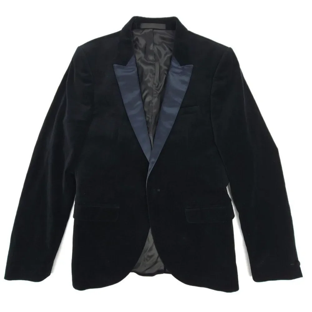 NEW Topman Skinny Velvet Tuxedo Suit Jacket Black Navy Satin Cocktail Formal 38